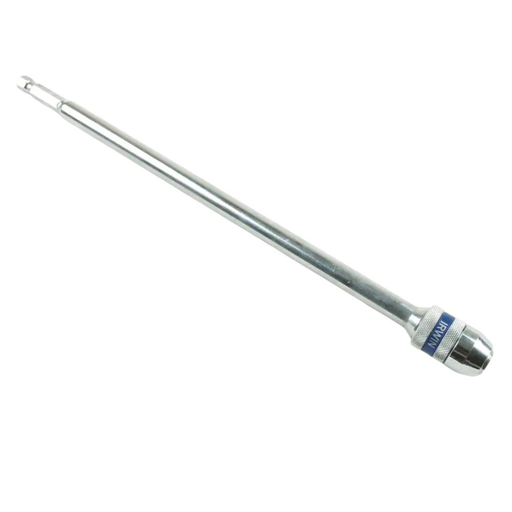 Silver-colored metal drill chuck key with blue and silver jatkovarsi irwin collar featuring lock-n-load quick-change