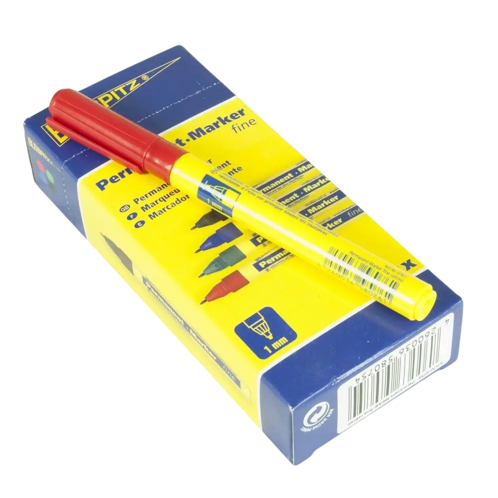 Punakorkkinen keltainen bleispitz merkkaustussi kaapeleille sinikeltaisessa pakkauksessa kaiapelitussi bleispitz musta 0.75 mm