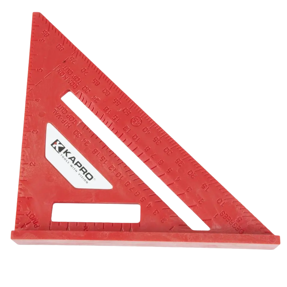 Punainen kapro kolmiosuorakulma speed square 18 cm merkinnöillä ja aukotuksilla mittaustarkkuuteen