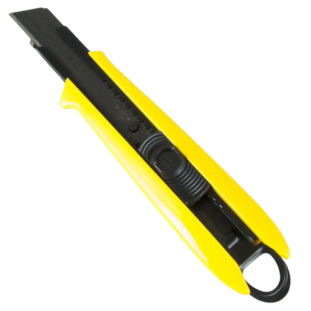 Keltainen ja musta muovinen katkoteräveitsi tajima 18 mm dc-500b teleskooppiterällä varustettuna