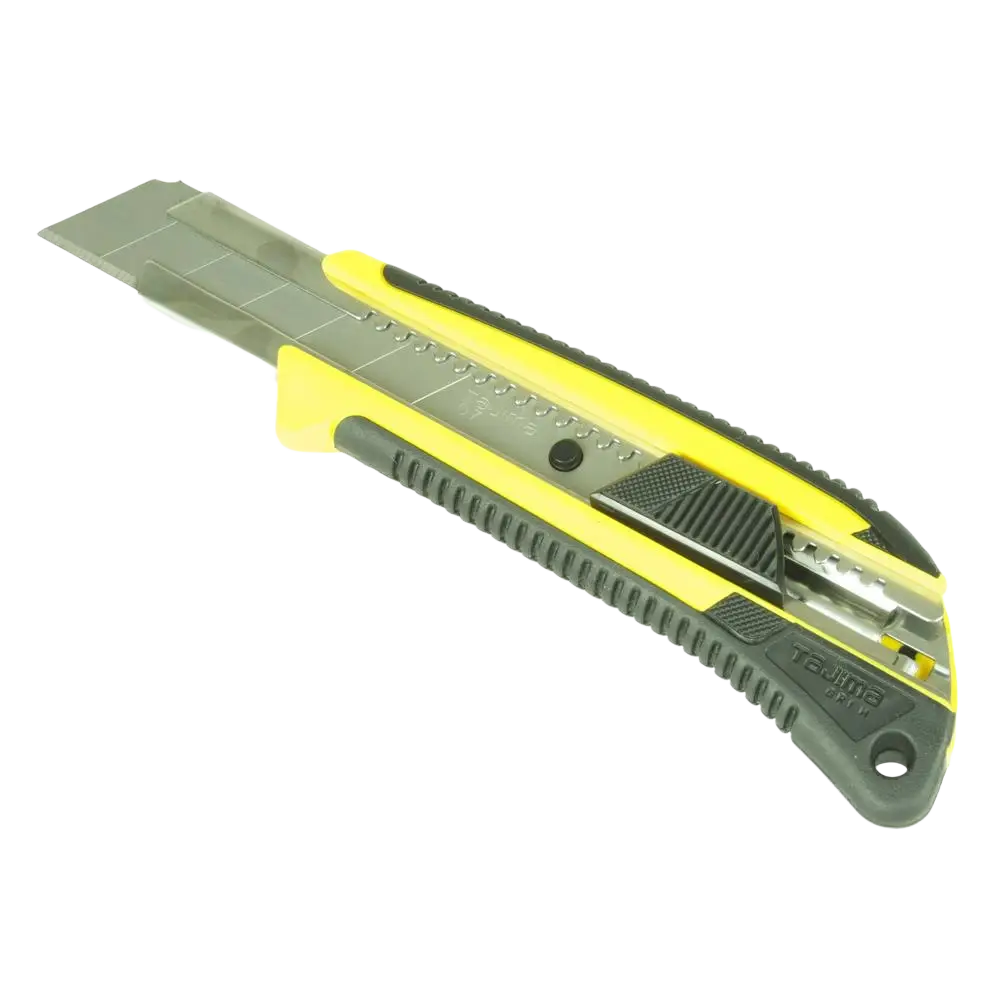Katkoteräveitsi tajima 25 mm kumi automaattilukolla musta ja keltainen kahva tenma metallisella terällä