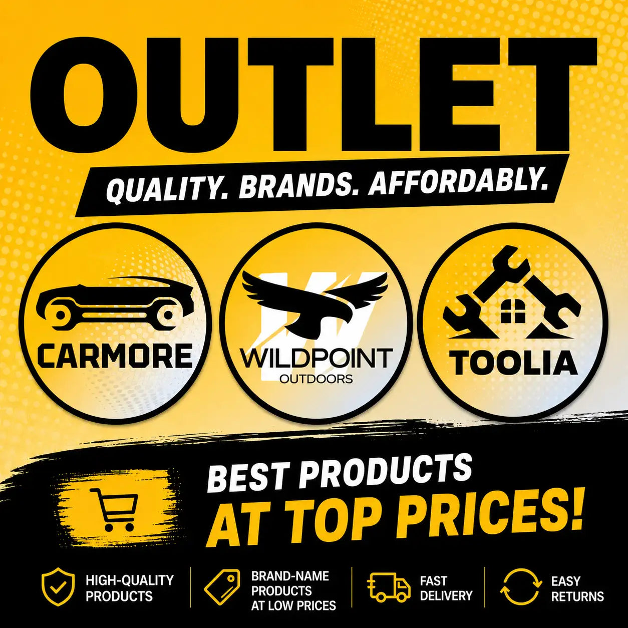 Keltainen ja musta pistorasia-/mainostaulu, jossa on logoja carmorelle, wildpoint outdoorsille ja toolialle.