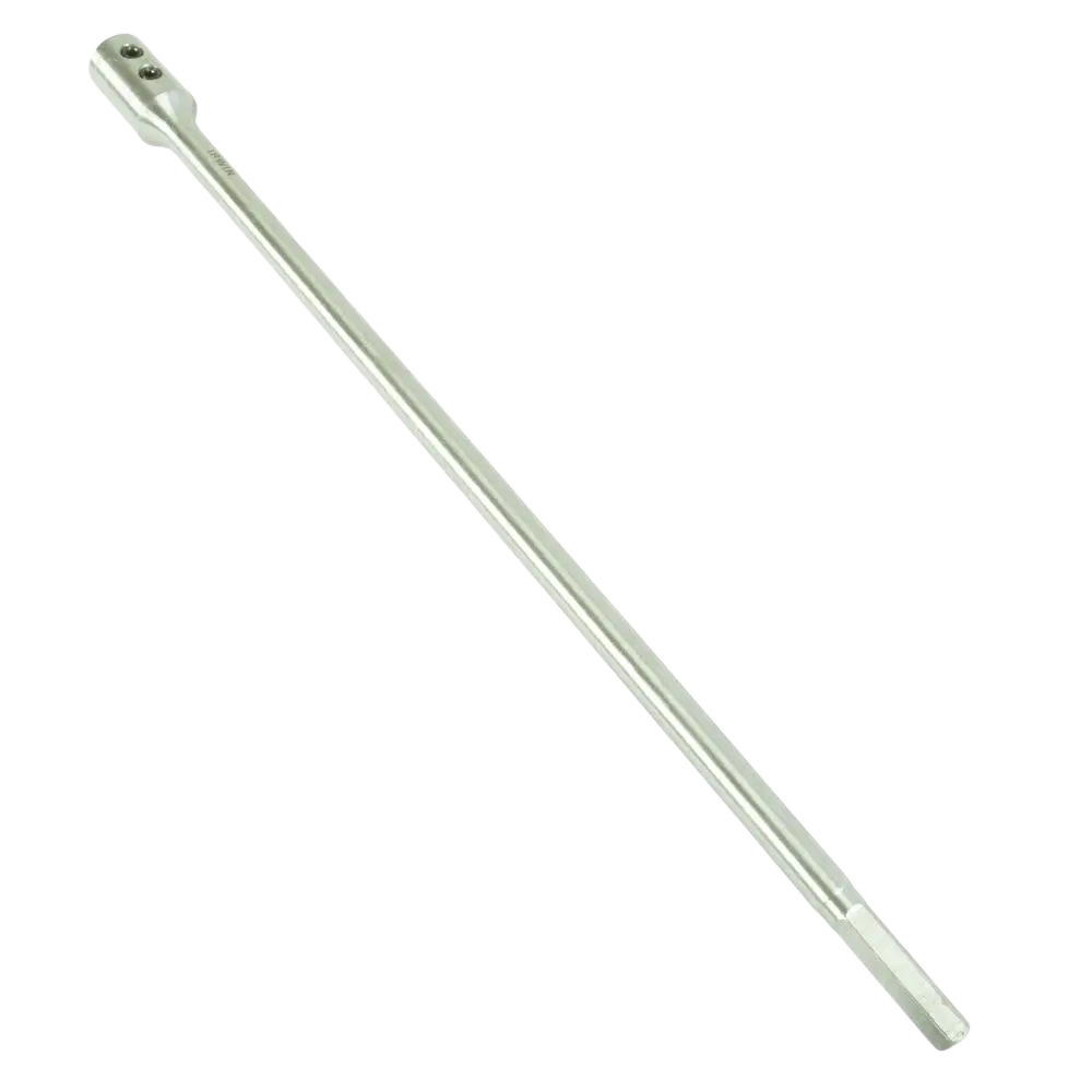 Silver-colored metal kierrepuuporan jatkovarsi irwin 450 mm hexagonal drive with two bolt holes opposite end
