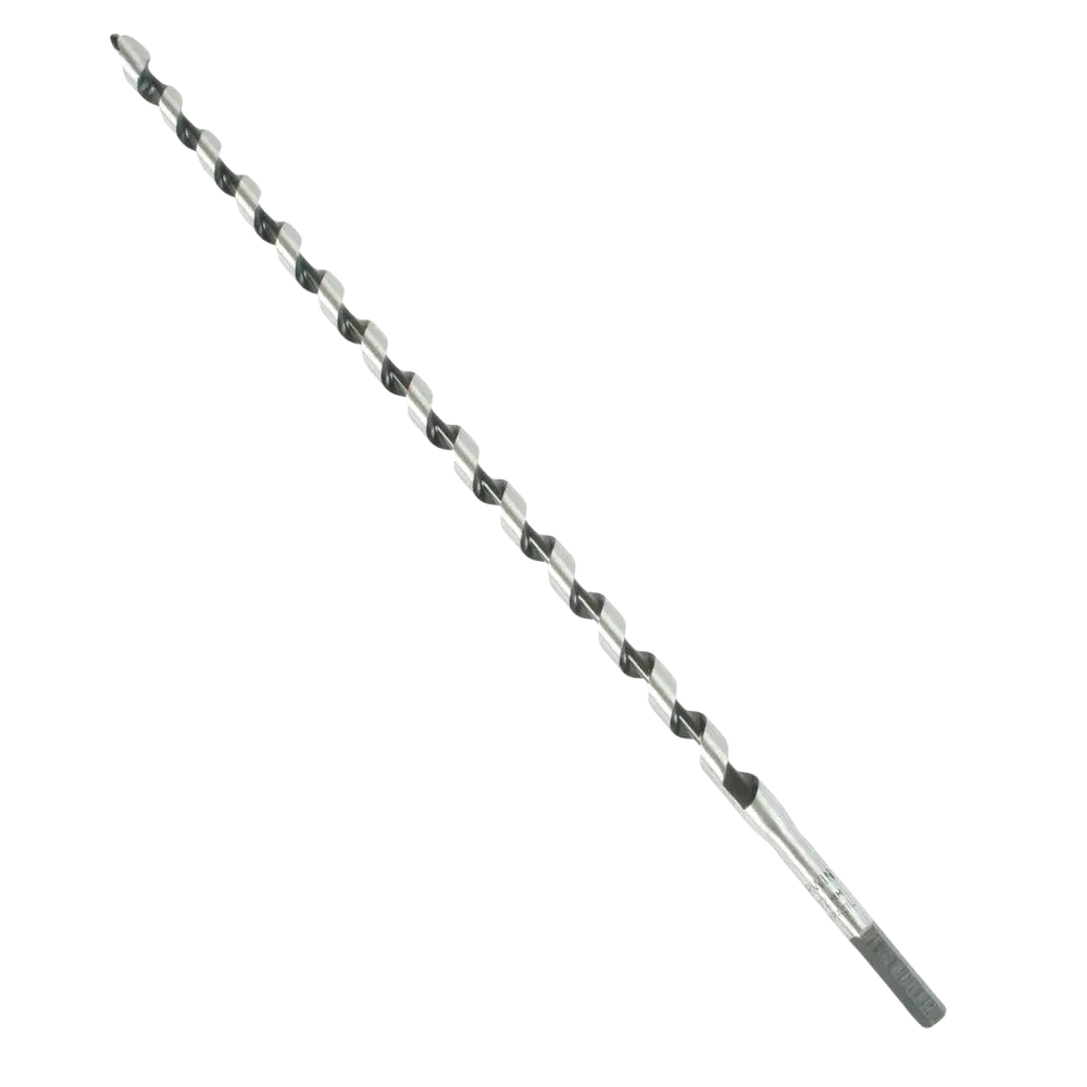 Silver-colored irwin auger 13x400mm kuusikulmainen varsi with spiral flute and black-tipped cutting edges drill bit