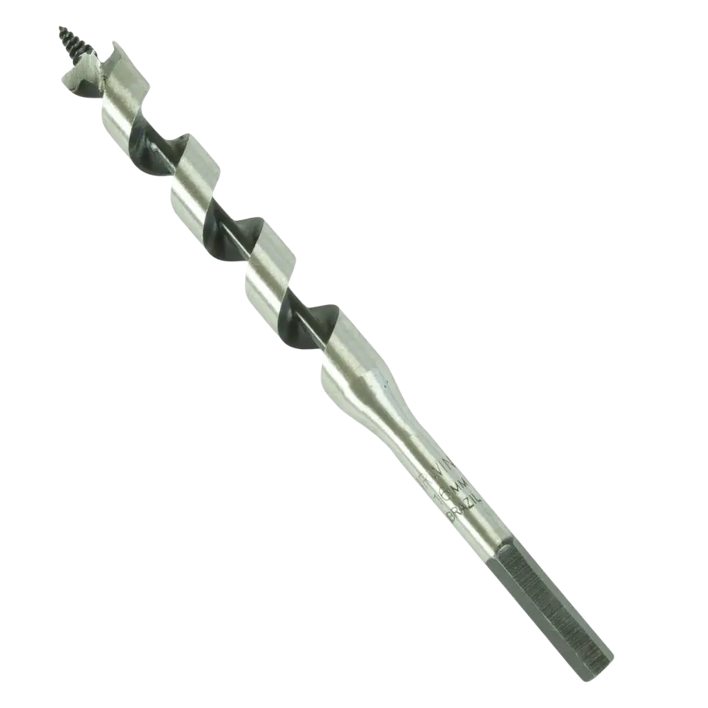 Silverinen irwin auger 16x191mm kierrepuuporanterä mustilla leikkaavilla urilla ja kuusikulmaisella varrella