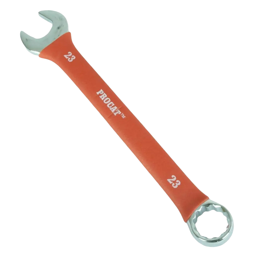 Kiintolenkki procat 23 mm yhdistelmäavain oranssilla kumisella pinnoitteella ja kromatulla metallipäällä kuminen pinnoite parantaa otetta