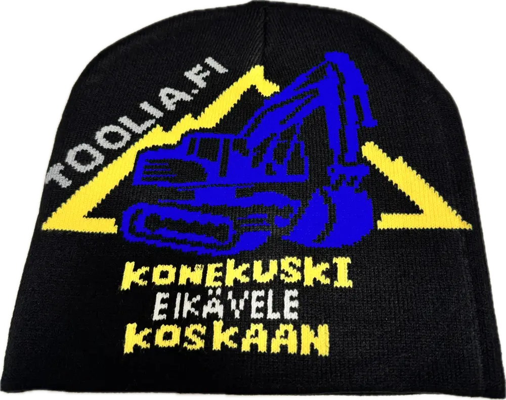 Musta neulottu pipo jossa sininen kaivuri ja keltainen teksti toolia.fi konekuskin välttämätön päähine