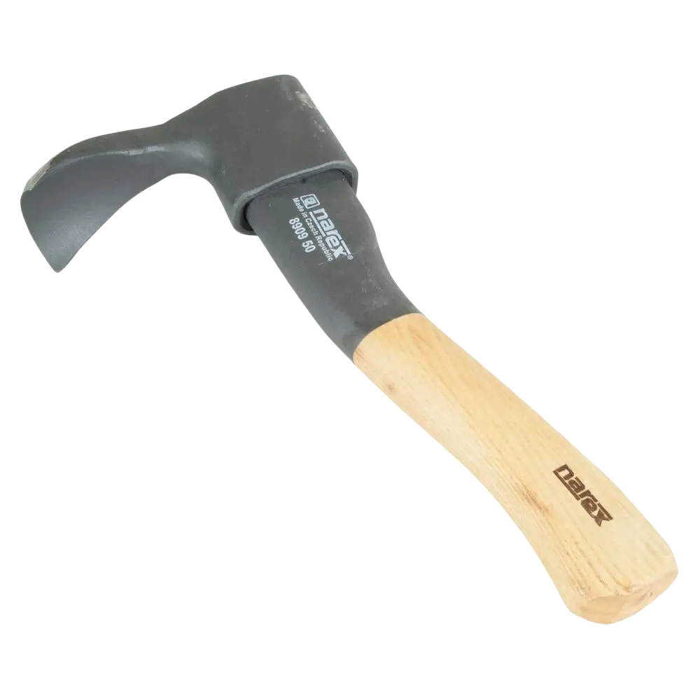 Nahkainen suojus narex kourukirves musta ja vaalea puukahvainen kaarevateräinen kirves 50 x 140 x 290 mm
