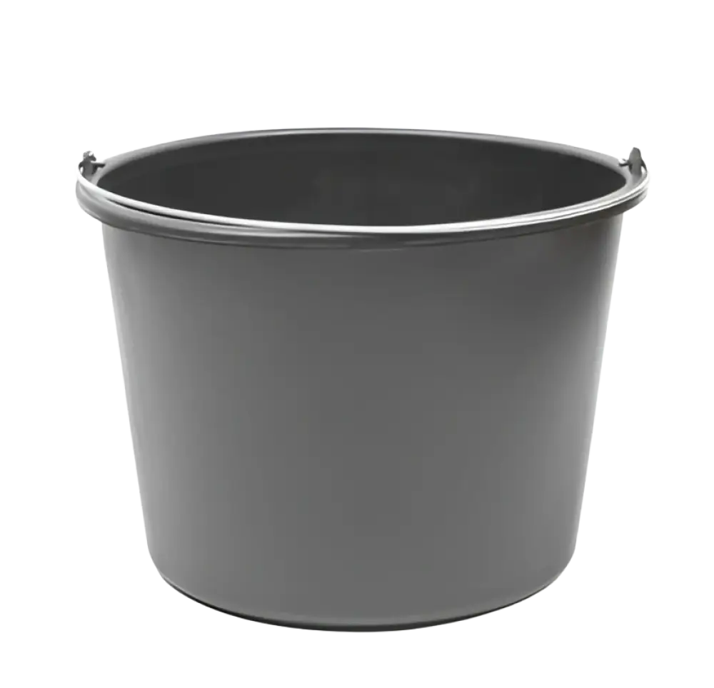 Mustassa muovisessa laastisankossa metallisella kantokahvalla mitta-asteikolla 20 l korkeus 27 cm leveys 38 cm