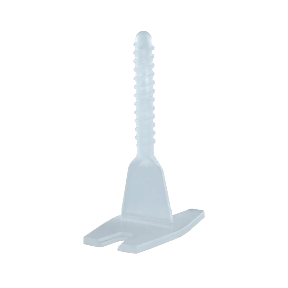 Translucent white plastic laattojen tasauskiila with textured screw-like shaft and flat base for samalle tasolle installation
