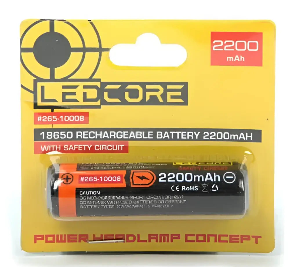 Ledcore 2200mah akku ylilataussuojalla musta ja oranssi 18650 ladattava akku keltaisessa pakkauksessa