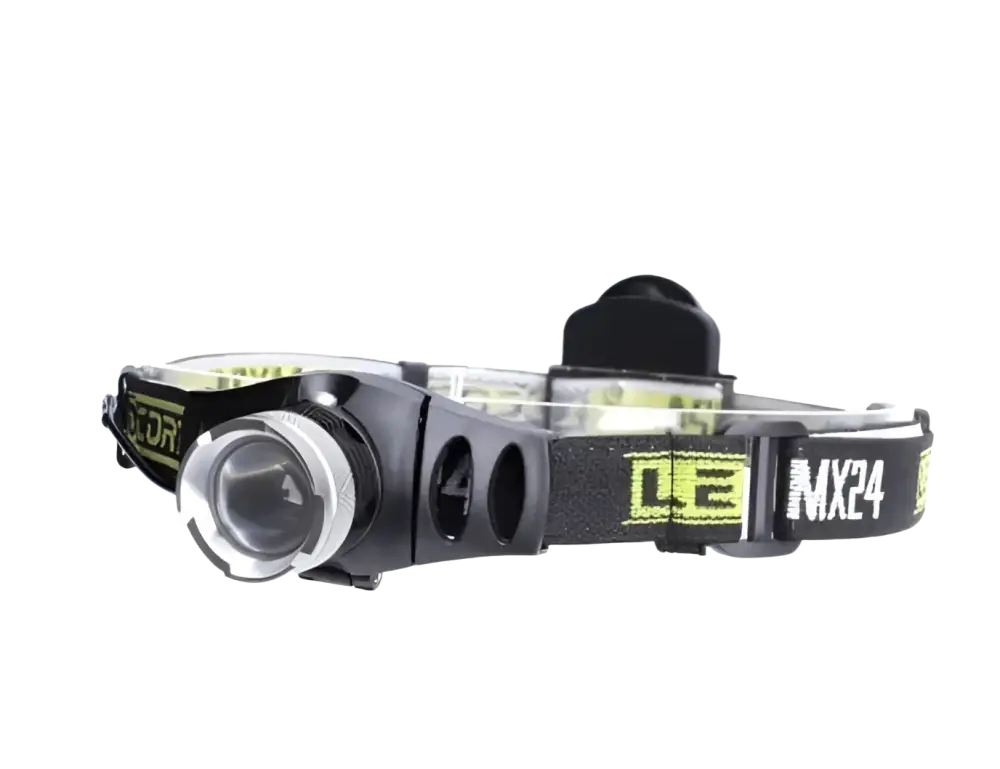 Ledcore mx24 5w paristokäyttöinen otsavalo musta ja limenvihreä led-valolla ja säädettävällä le mx24-hihnalla valokeilan kantama