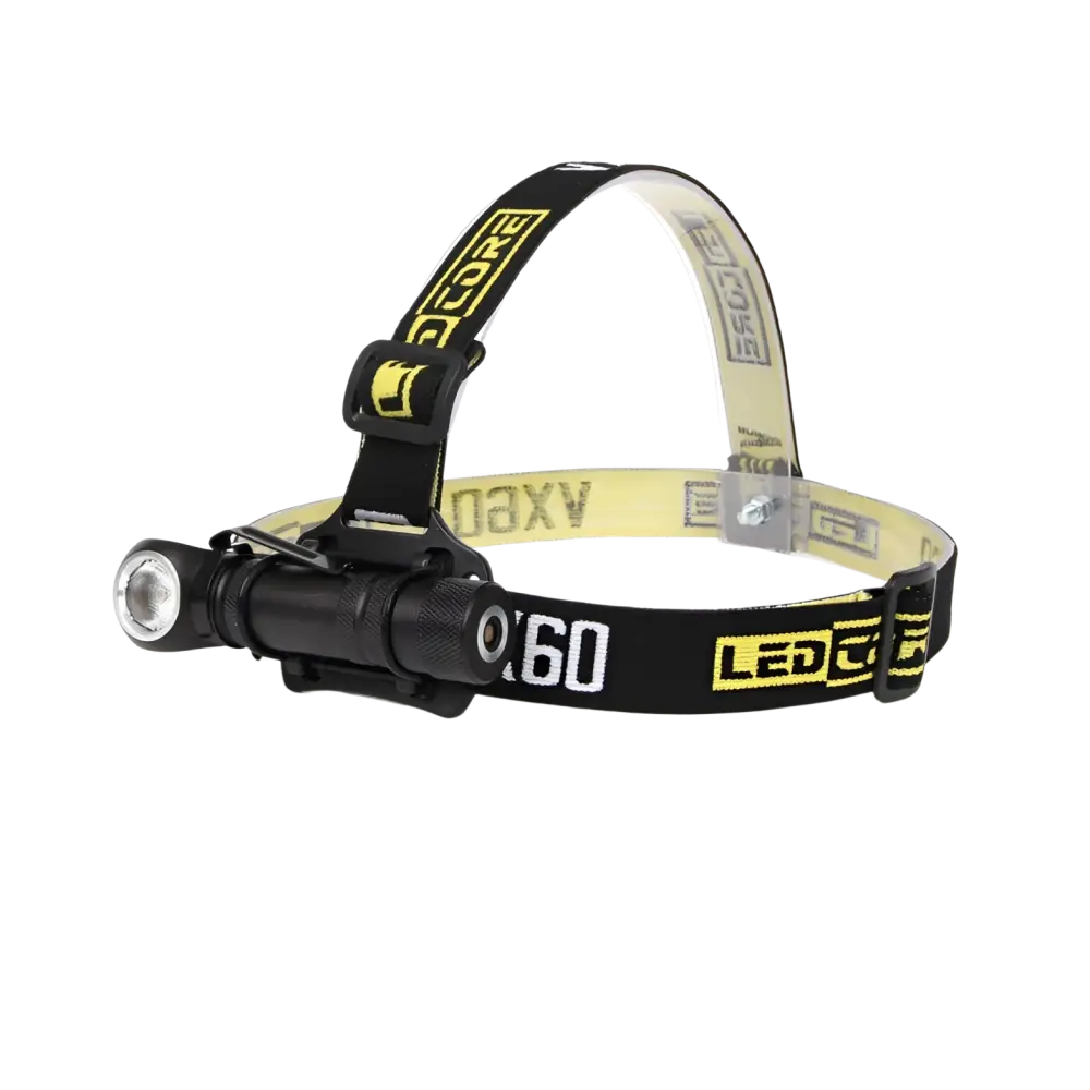 Ledcore vx60 ladattava otsavalo musta-keltainen päävalaisin teksturoidulla otteella ja säädettävällä hihnalla