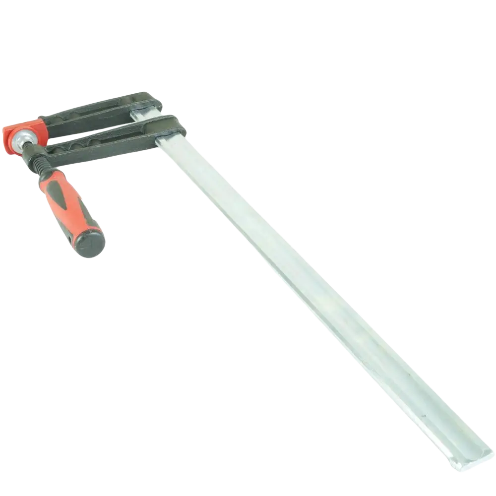 Punainen ja musta ergonominen liimauspuristin procat 120x500mm pitkästä hopeanvärisestä metallipalkista puusepän työhön