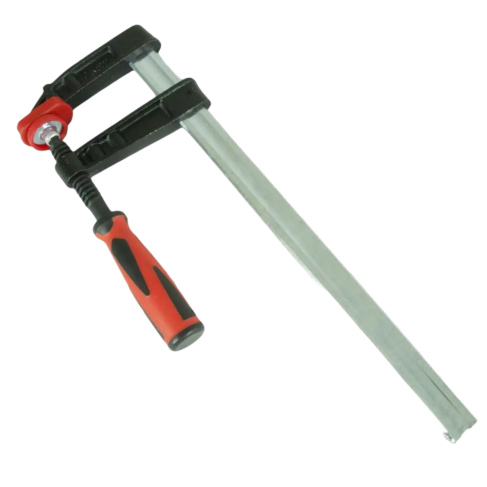Liimauspuristin procat 80x300mm pitkässä hopeanvärisessä metallivarressa punamustalla kahvalla