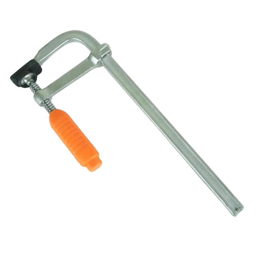 Silver metal pipe clamp liimauspuristin procat pro with orange grip handle and black adjustment knob taotusta teräksestä