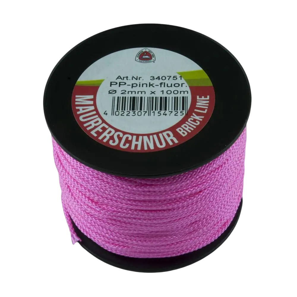 A spool of linjanaru schwan 2 mm x 100 m bright pink textured polypropylene line with black plastic core and label