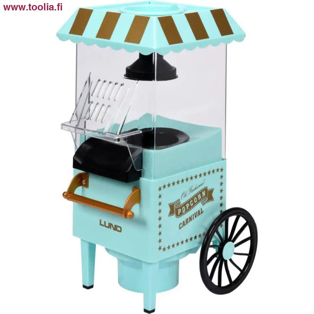 Lund Popcorn-kone 1200W perinteinen|Lund Popcorn-kone kuvituskuva|Lund Popcorn-kone säiliö|Lund Popcorn-kone täyttökolo|Lund Popcorn-kone sivulta|pöytämalli