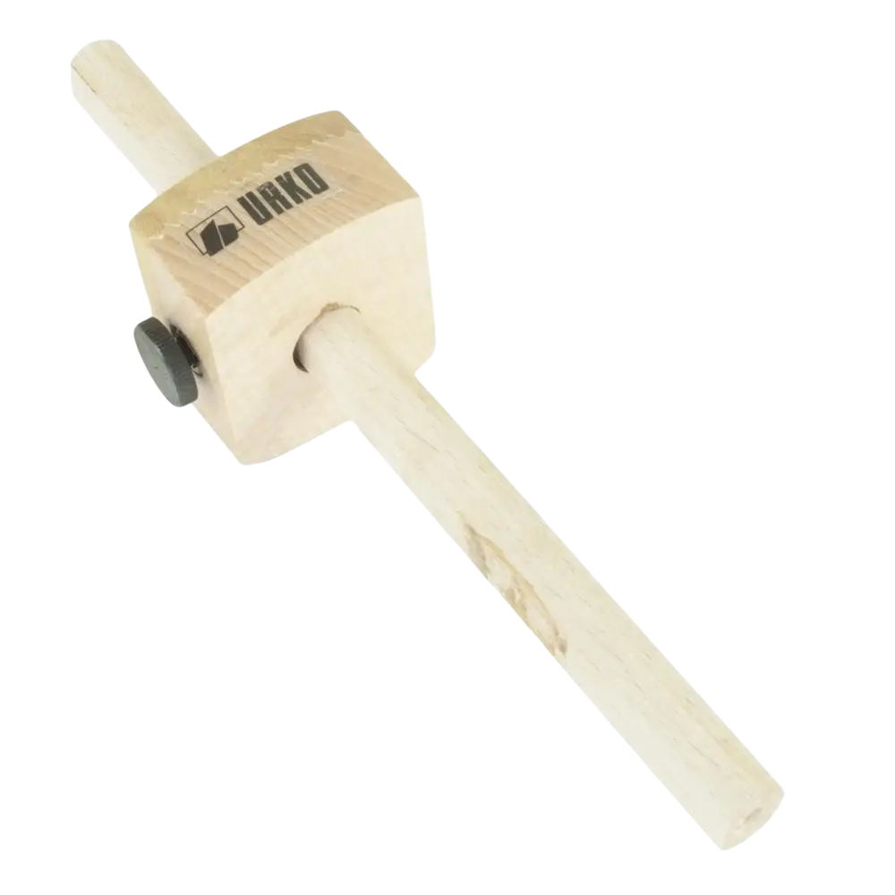 Light-colored wooden merkkauslaite urko puinen 200 mm with black adjustment knob and ukko logo on square head for kappaleen reunasta