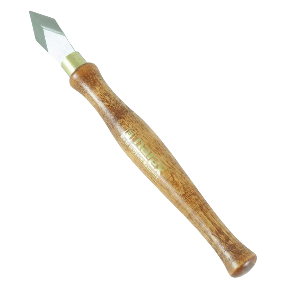 Merkkausveitsi narex 3 mm on hienosti valmistettu puukahvainen puukko terävällä metalliterällä ja kullanvärisellä helalla