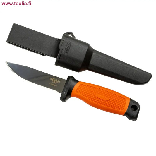 Mikov Brigand Puukko|Mikov Brigand Puukko pakkaus|Mikov Brigand Puukko tupessa|Mikov Brigand Puukko kahva|RST 420 53-55 HRc oranssi kahva