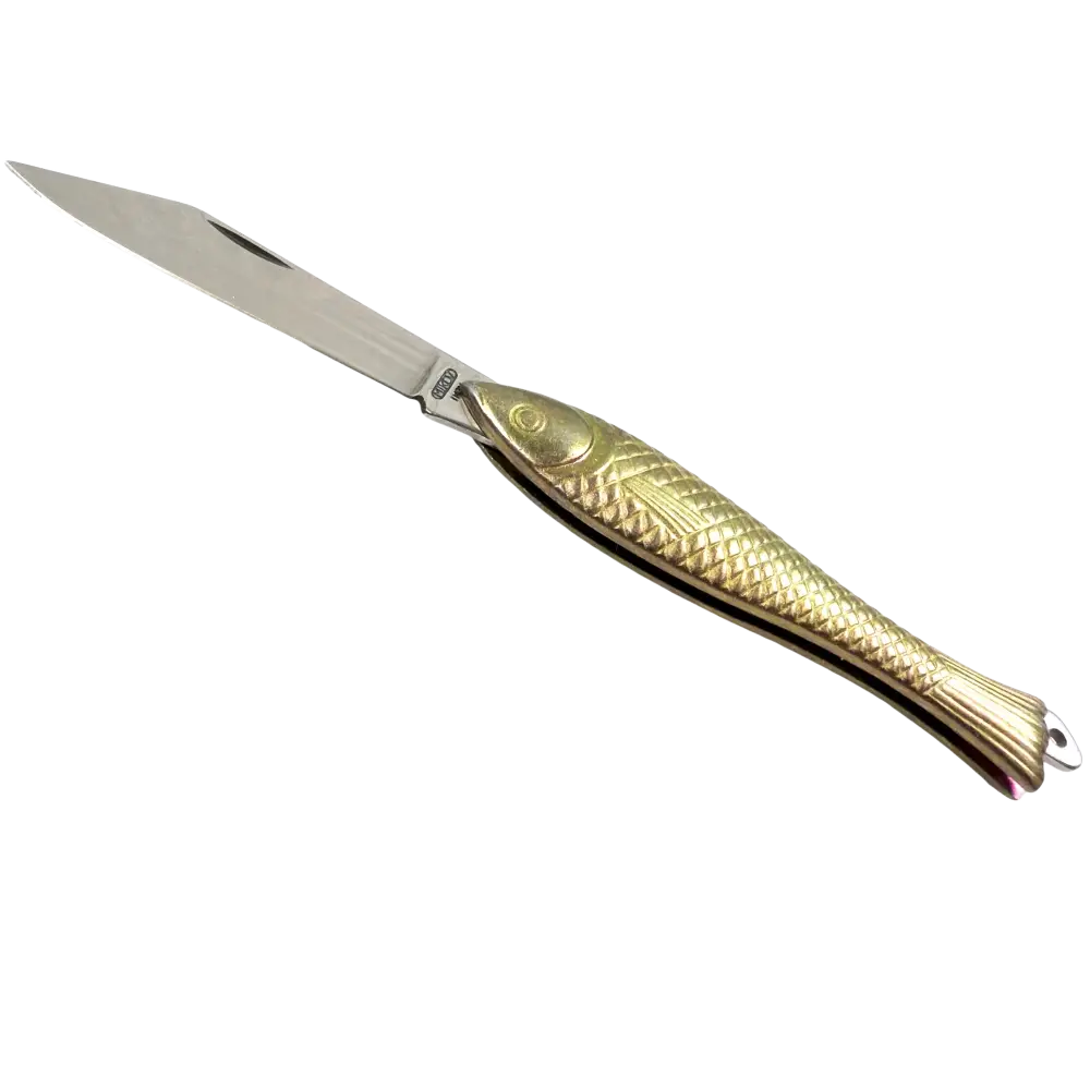 Mikov linkkuveitsi kala kulta on 13 cm monikäyttöinen työkalu kullanvärisellä kalakuvioisella metalliterällä