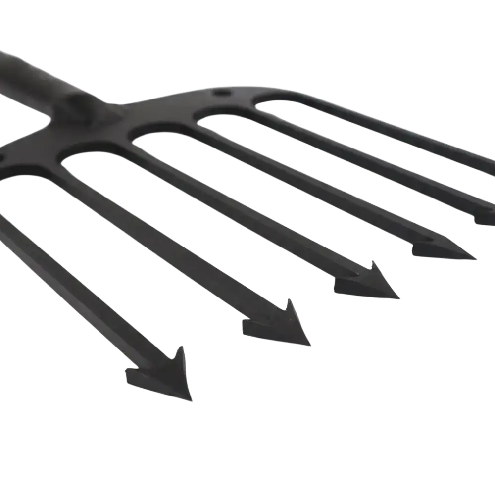Black metal pitchfork with four pointed tines from suomalainen laxström atrain product lineup