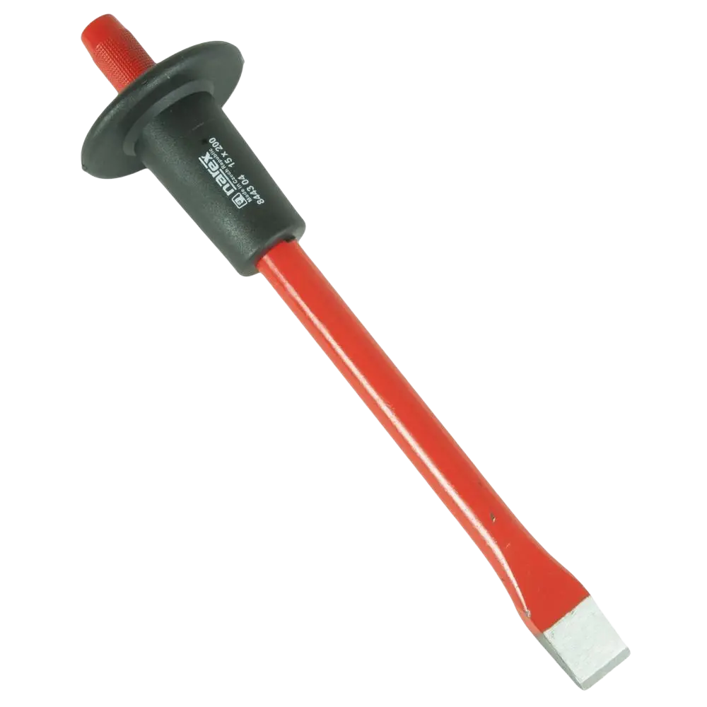 Narex kivitaltta käsisuojalla with red-handled hakko chisel featuring black insulated grip and silver metal tip