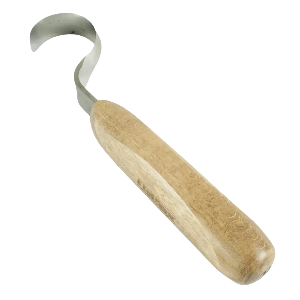 A curved metal carving tool narex koverruspuukko with a light brown wooden handle and 30 mm blade for right hand use