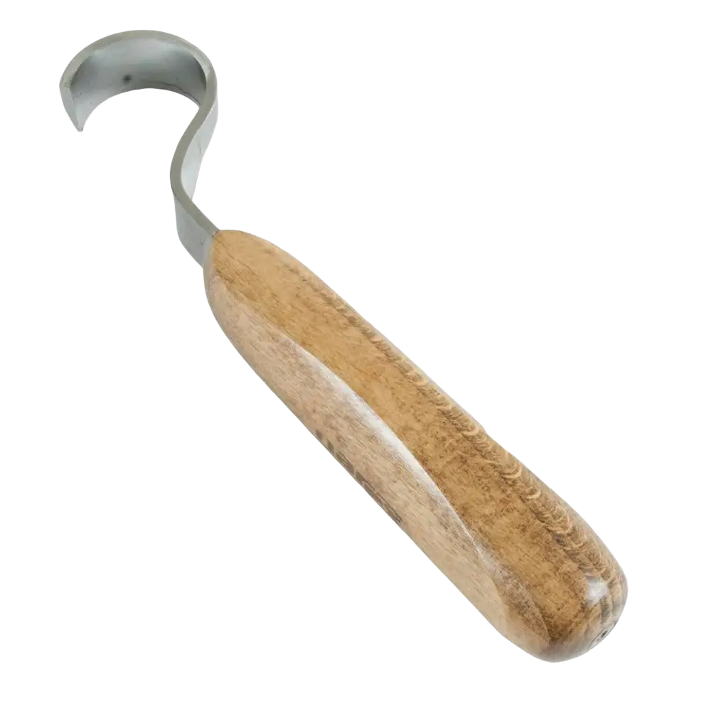 A wooden-handled narex koverruspuukko carving tool with a 30 mm curved metallic blade for left-handed use