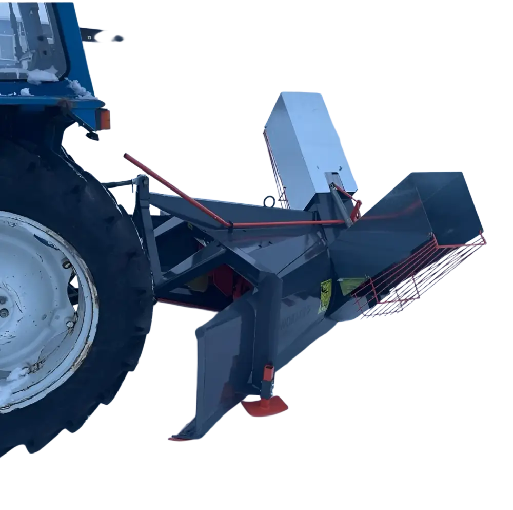 Norberg x23 traktorin lumilinko lapasyötöllä musta ja oranssi metallirunko punaisella metalliverkkokorilla hydraulisilla osilla