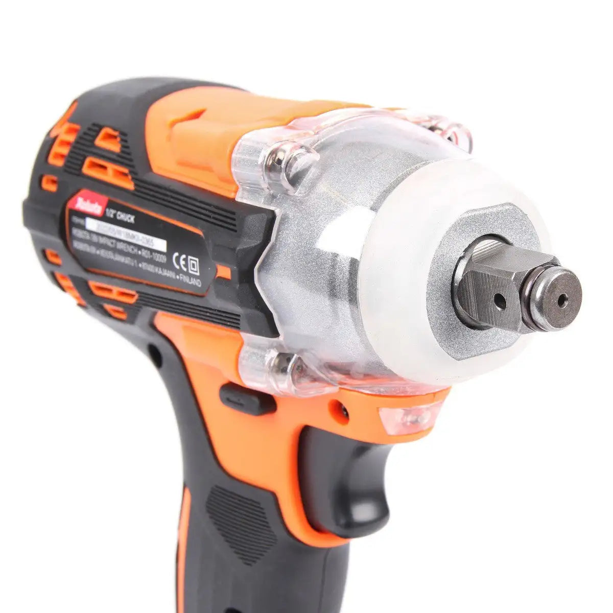 Oranssi ja musta johdoton iskuliuoska, jossa on läpinäkyvä muovikotelo hopean värisen metallikiinnikkeen päällä.