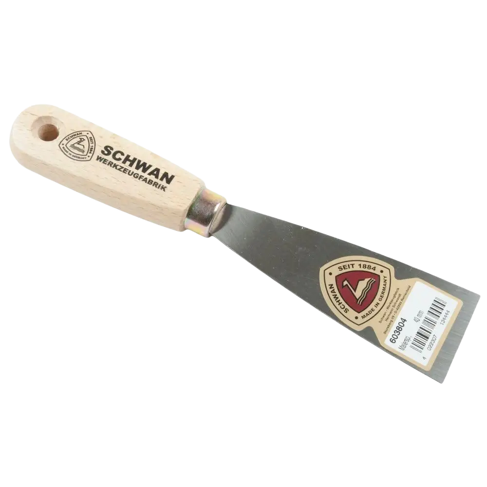 Pakkelilasta schwan pro 40 mm metallisella terällä ja vaalean puukahvan logolla varustettuna