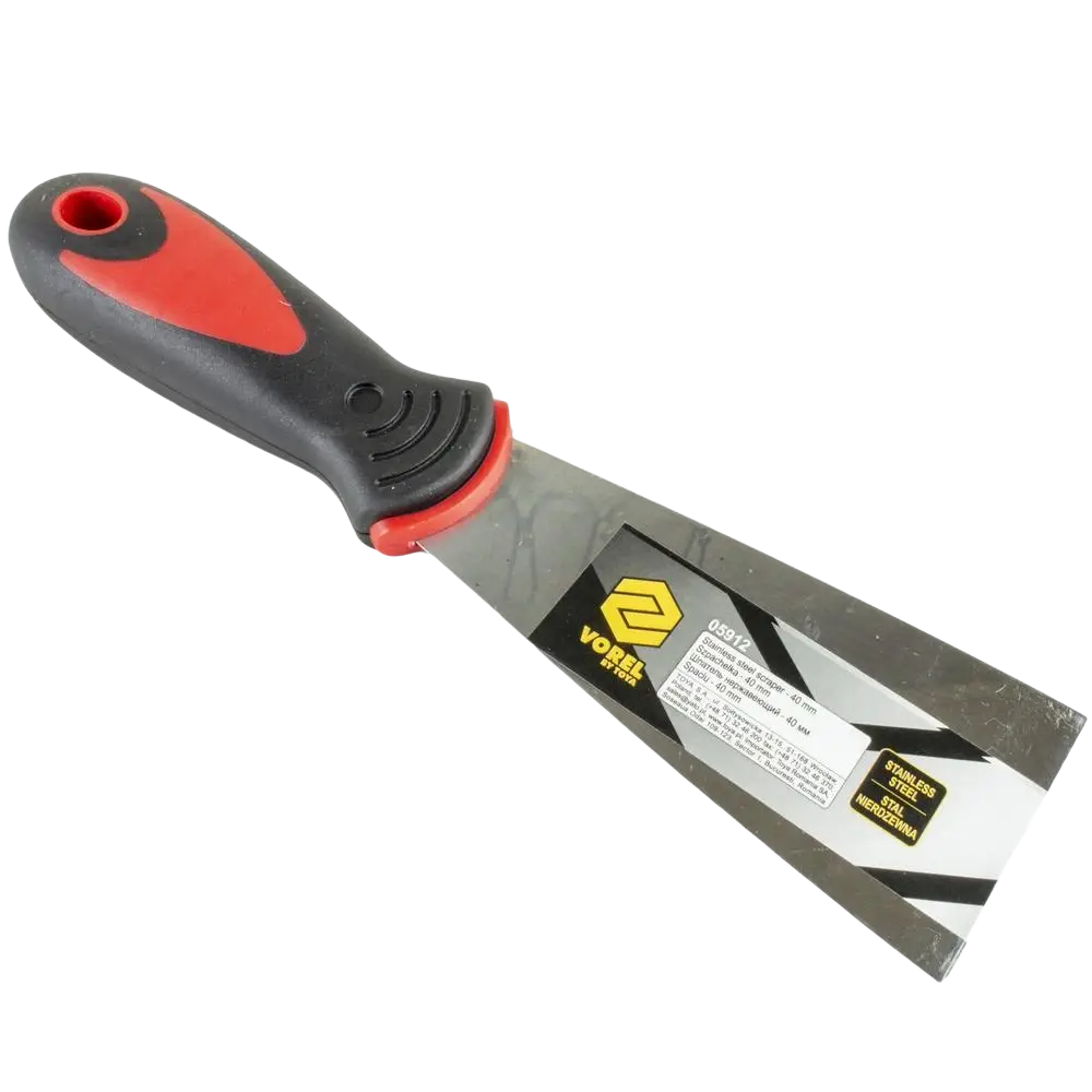 Pakkelilasta vorel 40 mm kumikahvalla ruostumattomalla terällä saumanauhojen painamiseen ergonominen punamusta kahva