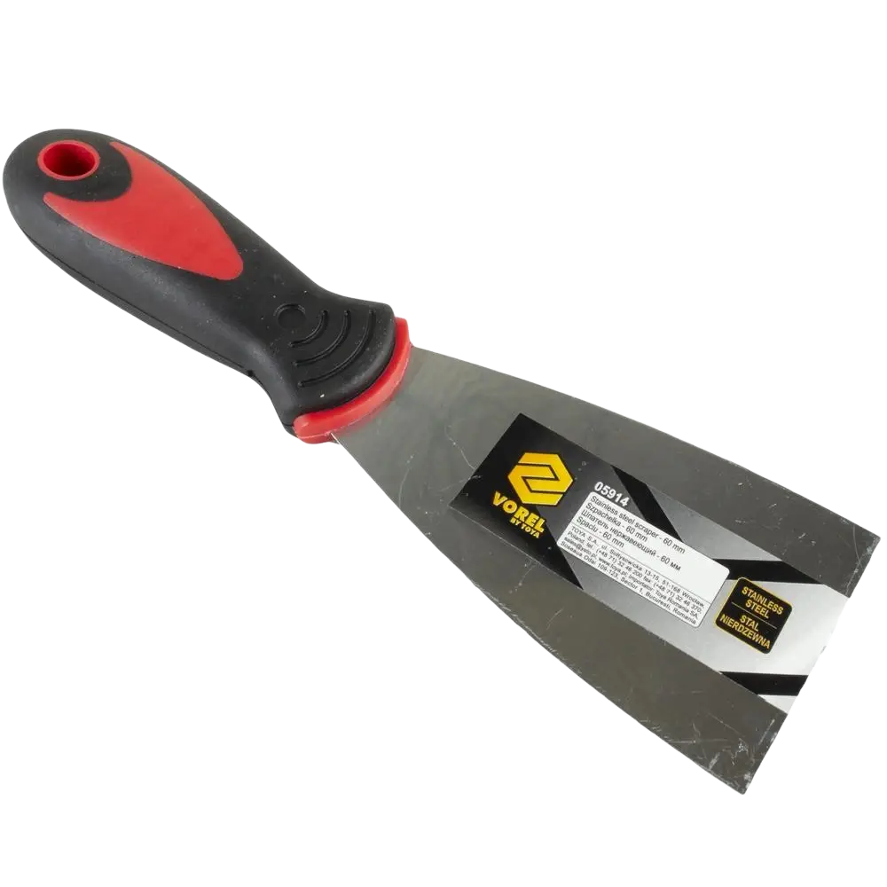 Pakkelilasta vorel 60 mm kumikahvalla punainen ja musta ergonominen kahva ruostumattomalla terällä saumanauhojen painamiseen