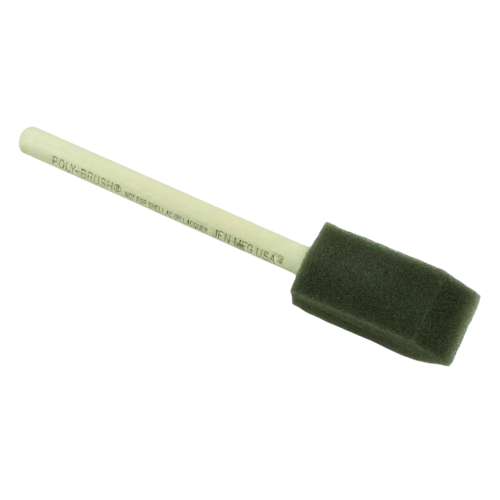 Dark green poly-brush foam brush with white plastic handle for tasainen jälki in shellac or lacquer application