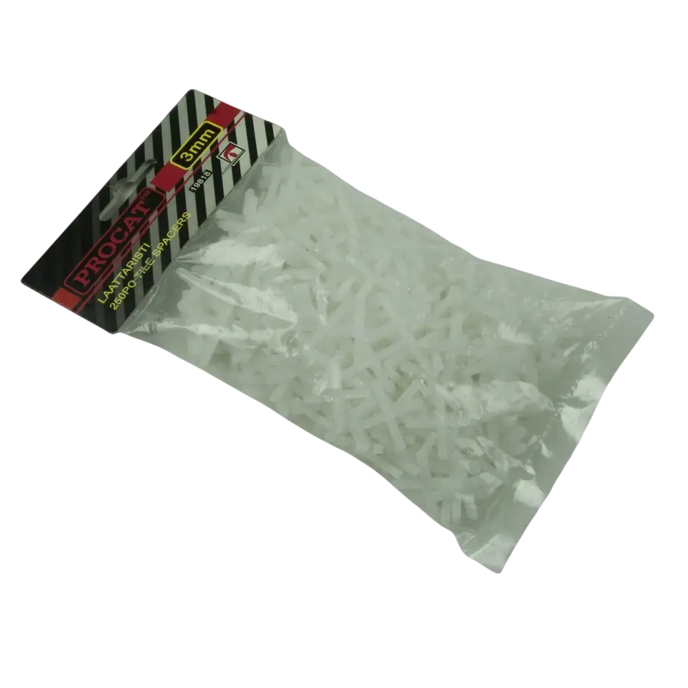 A clear plastic bag of white 3 mm procat laattaristi fasteners for suositeltu laattaristikoko between tiles