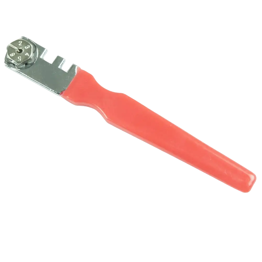 Procat lasiveitsi punaisella kahvalla ja metallisella päällä, jossa numerot tarkkaan lasi saadaan leikattua