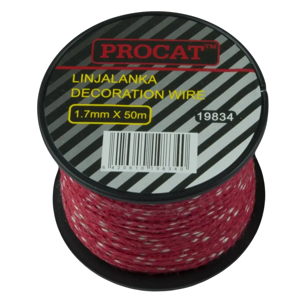 Procat linjalanka 1.7 mm 50 m punavalkoinen kierretty koristekaapeli mustassa kelassa