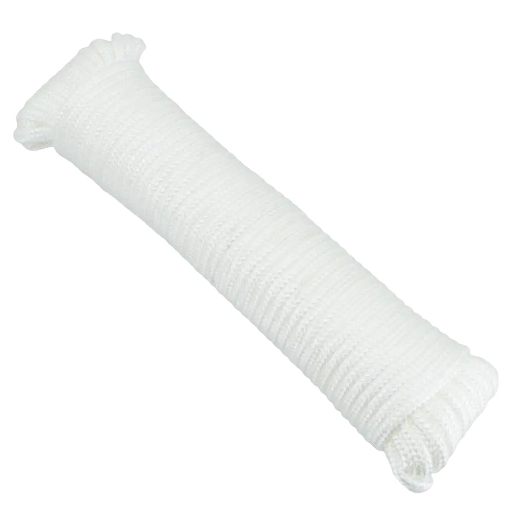 Neatly coiled white synthetic procat lipputangon naru pe 5 mm x 25 m with textured ribbed surface and 280 kg strength