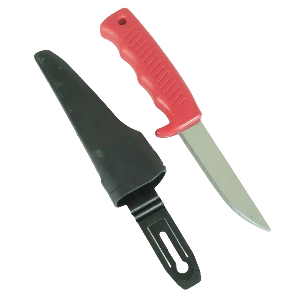 Procat puukko muovikahvalla tarjoaa hyvän otteen punaisella muovikahvalla ja metallisella terällä mustan tupen kanssa