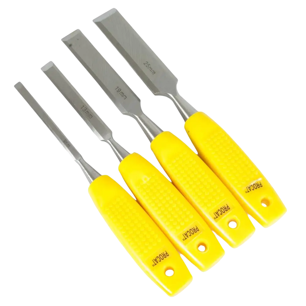 Setti procat puutalttasarja neljä keltaisvartista ruostumattomateräksistä terää 6mm 10mm 25mm