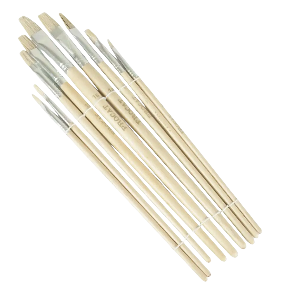 Set of ten natural wood-handled paintbrushes with silver ferrules and varied bristle tips procat taiteilijan sivellinsarja