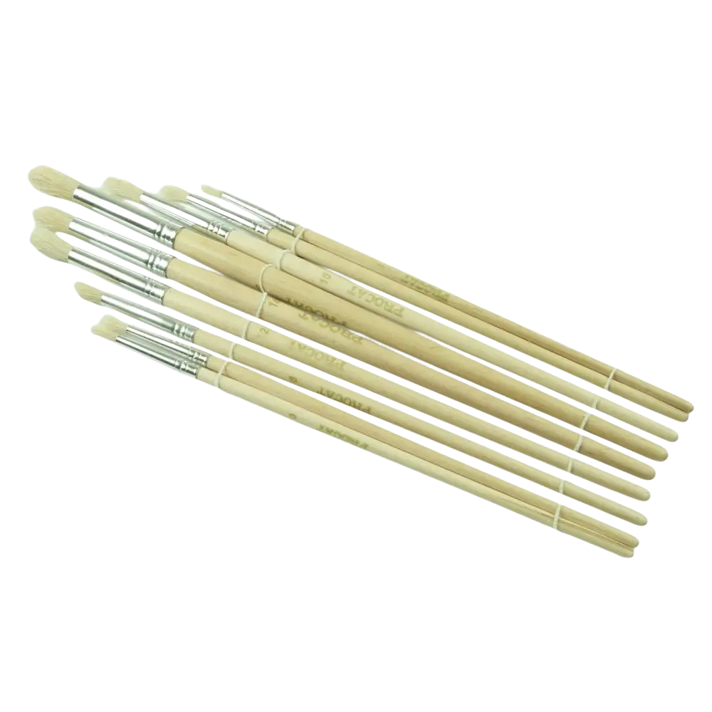 Set of ten natural wood-handled paintbrushes with silver ferrules and soft white bristles in procat taiteilijan sivellinsarja 9-osaa pyöreä harjas
