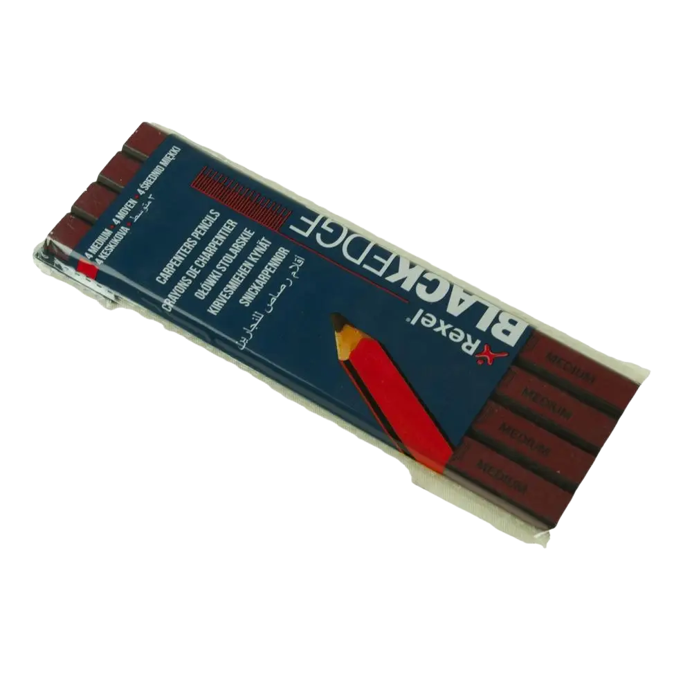 A pack of four procat timpurinkynäsarja medium kpl blackedge carpenter pencils with dark red wooden barrels and blue sleeve