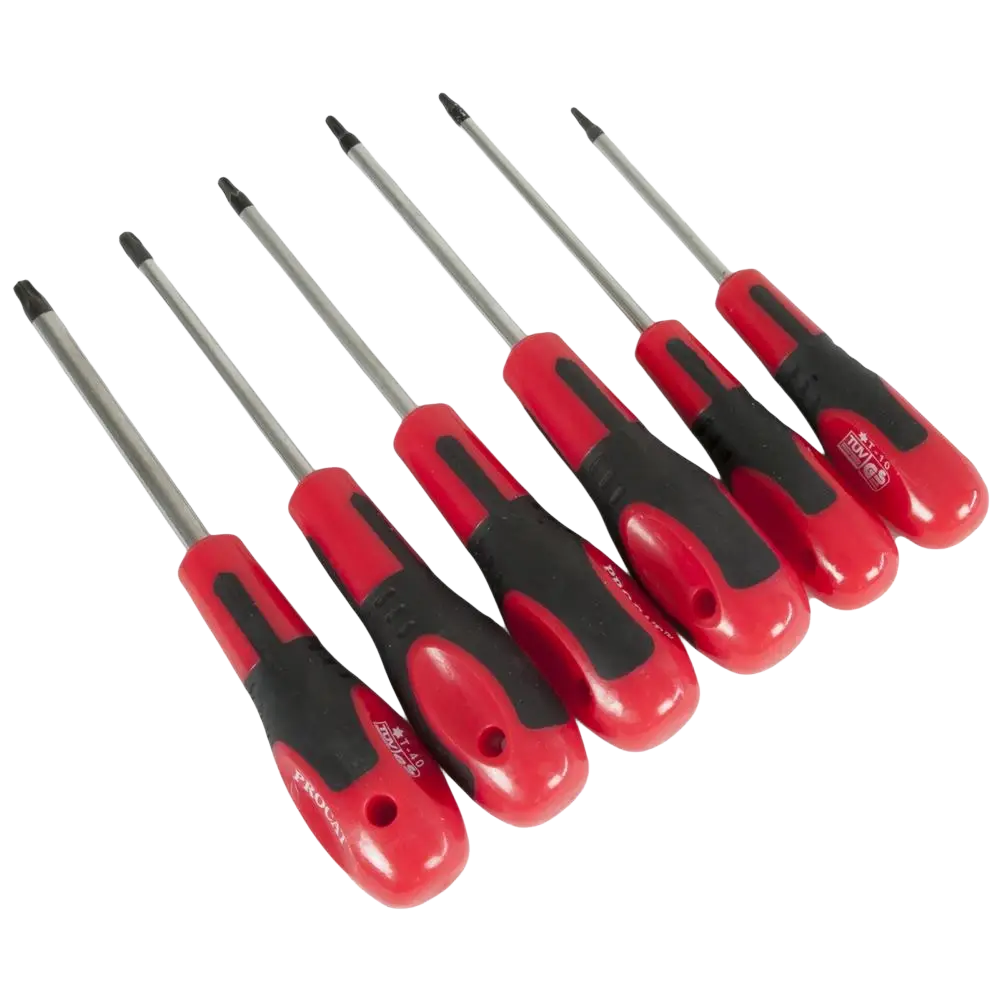 Procat torxmeisselisarja 6 os red and black ergonomic screwdriver set with metallic shafts where kärki istuu tiiviisti