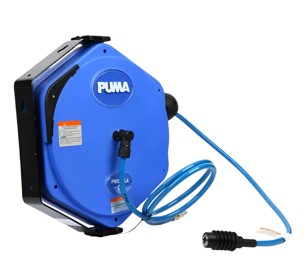 Puma paineilmaletkukela 15+1m sininen automaattisesti lukkiutuva ilmaletku pvc materiaalista mustilla yksityiskohdilla