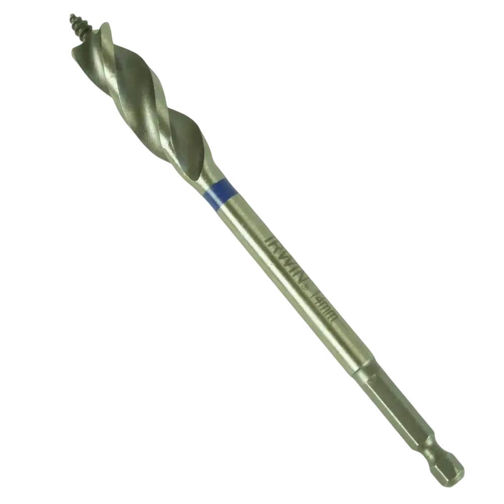 Puupora irwin power 14 mm metallinhohtoinen 43 mm kierresärmäs poranterä naulaiselle puulle sinisellä vyöllä