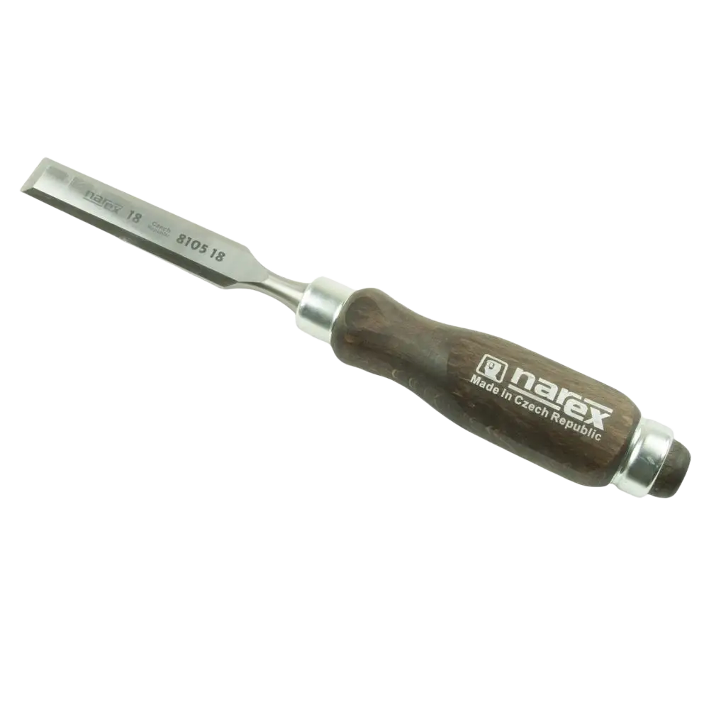 Puutaltta narex pro 18 mm tummanruskaisella puisella kahvalla ja kiiltävällä metalliterällä narex wood line -sarjasta