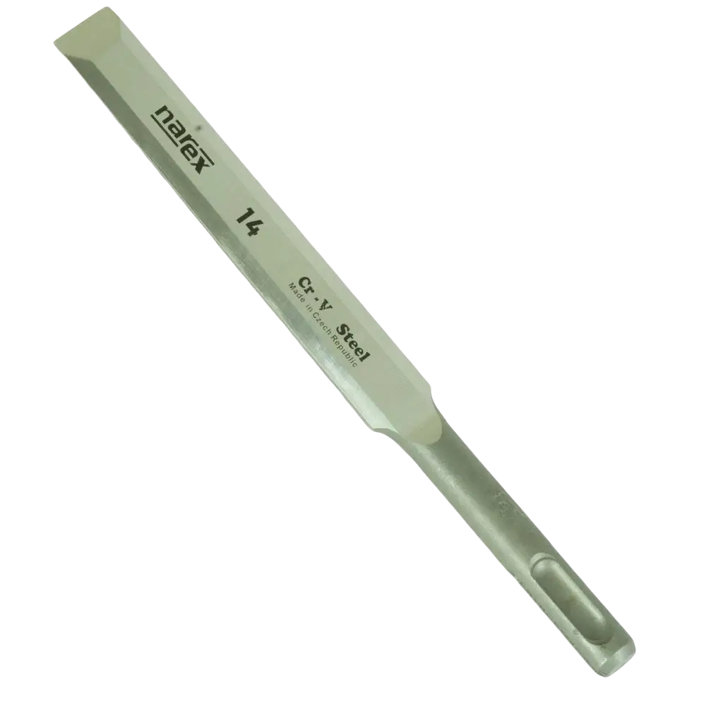 A sleek metallic 14mm cr-v steel chisel by parex in narex sds design for precise concrete chiseling tasks
